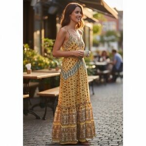 Sundance Light as Air Yellow Printed Boho spring Maxi Dress ruffled Size small